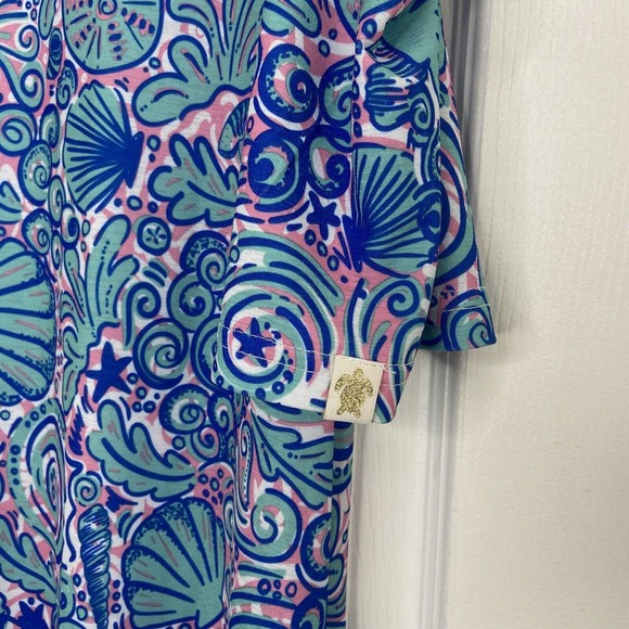 Simply Southern Seashell Print Cold Shoulder Dress Size Medium Blue Pink Stretch - Picture 2 of 9